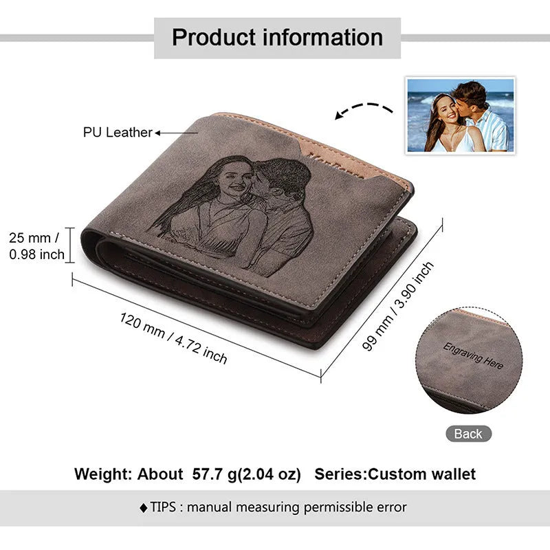 Coffee coloured engraved horizontal short wallet for men with personalised photo etching.