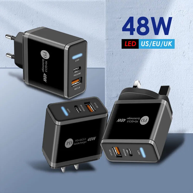 PD48W USB-C fast travel charger showing UK, EU, and US plug adaptors on a white background