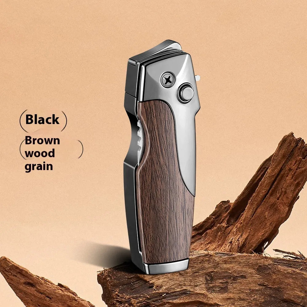 Metal folding outdoor lighter with integrated knife in a zinc alloy case, showing various colour options.