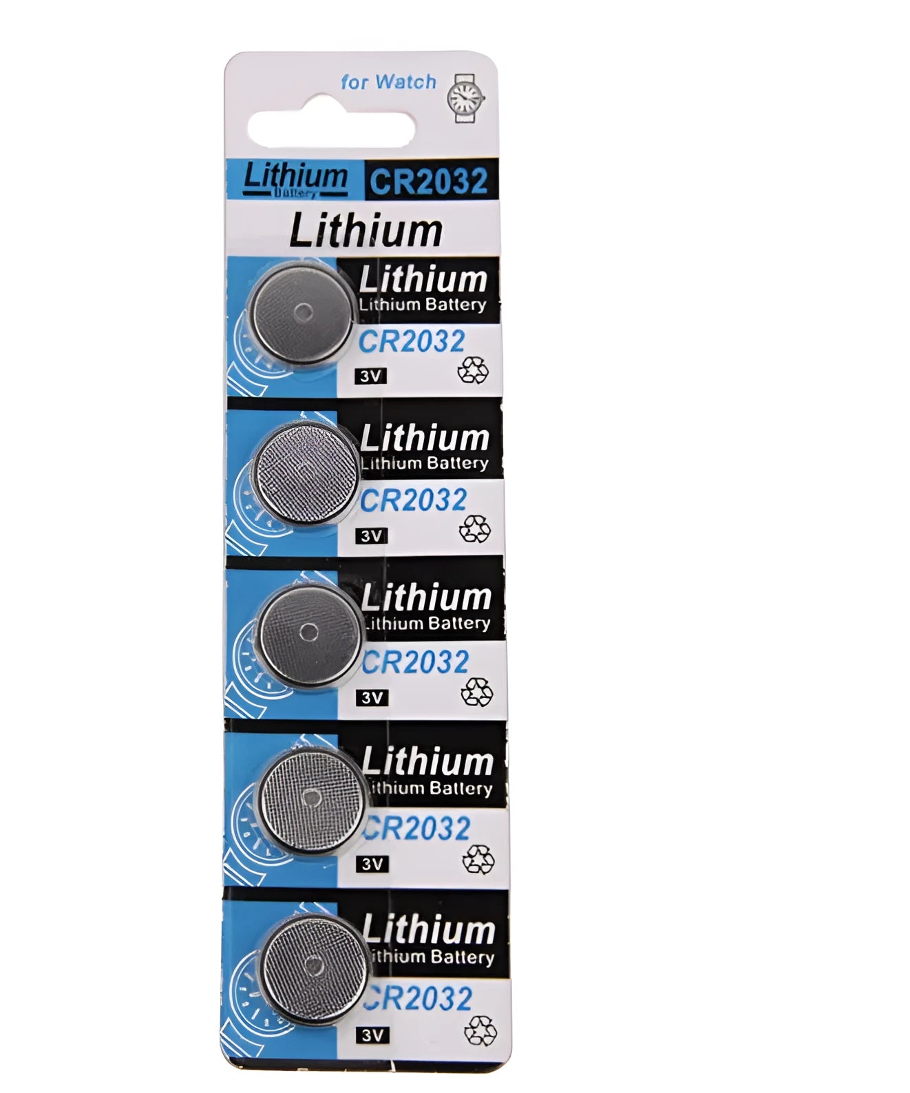 Pack of five CR2032 3V lithium button batteries on a blister card.