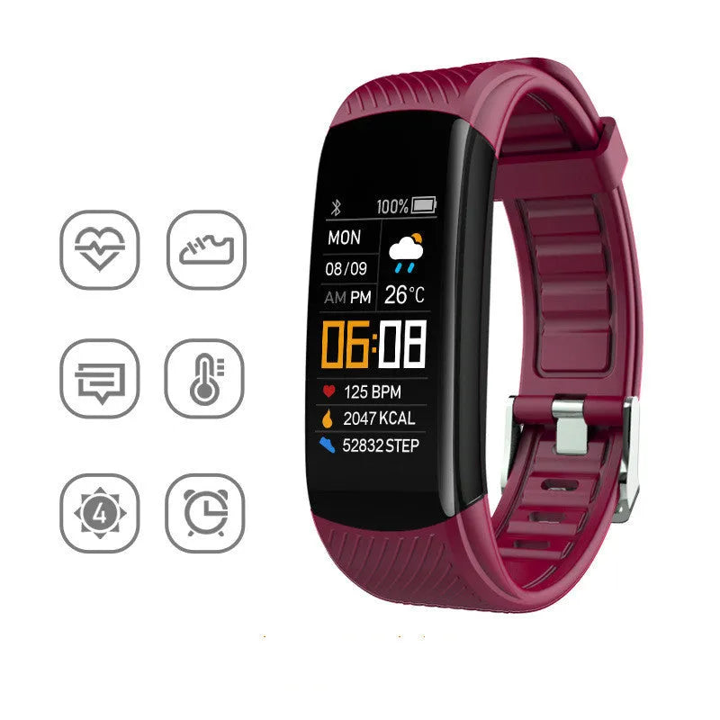 C5S model sports pedometer bracelet in various colours on a wrist, showing 0.96-inch screen.