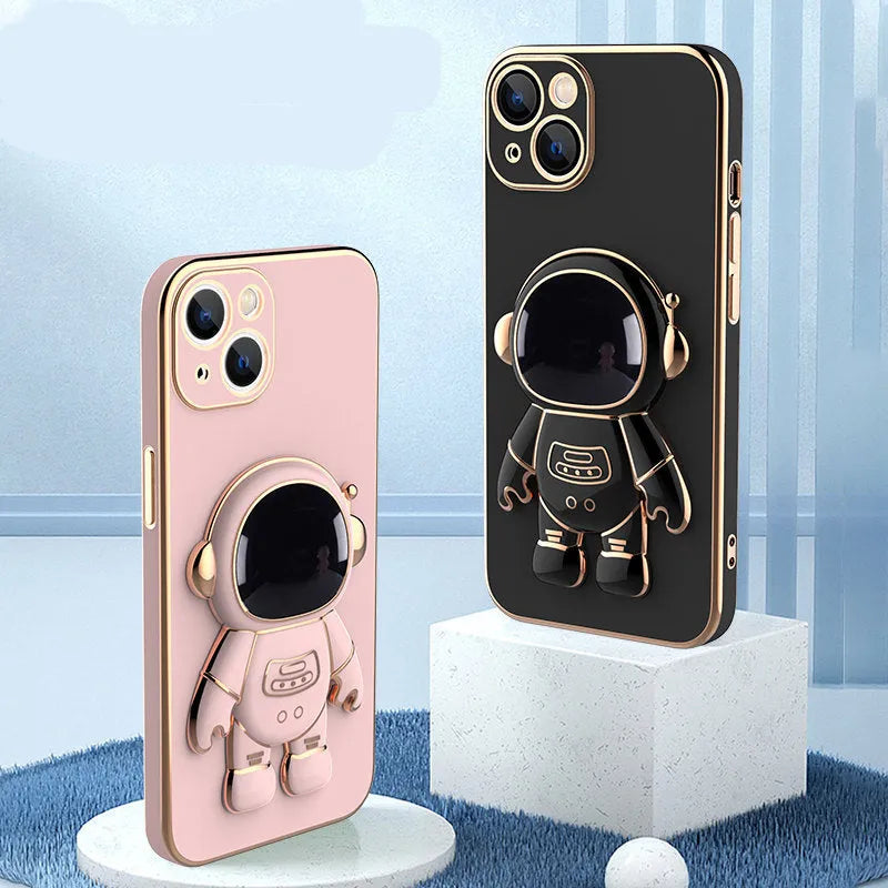 3D astronaut TPU phone case with electroplating bracket for iPhone, in black