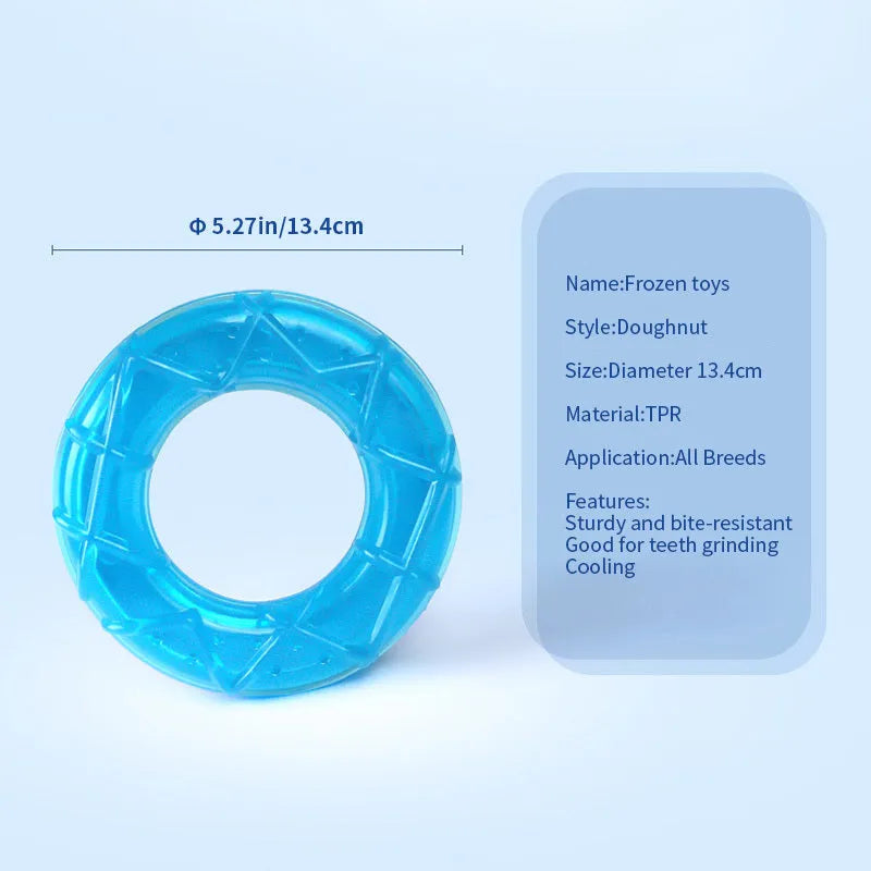 Set of three dog toys: a silicone pacifier, a freezable popsicle, and a silicone ring for cooling and chewing.