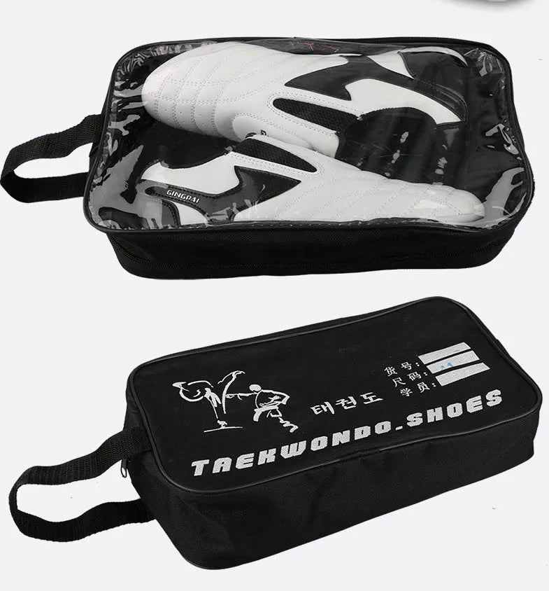 Black and white children's Sanda martial arts training shoes with a soft sole, shown with a shoe bag and socks.