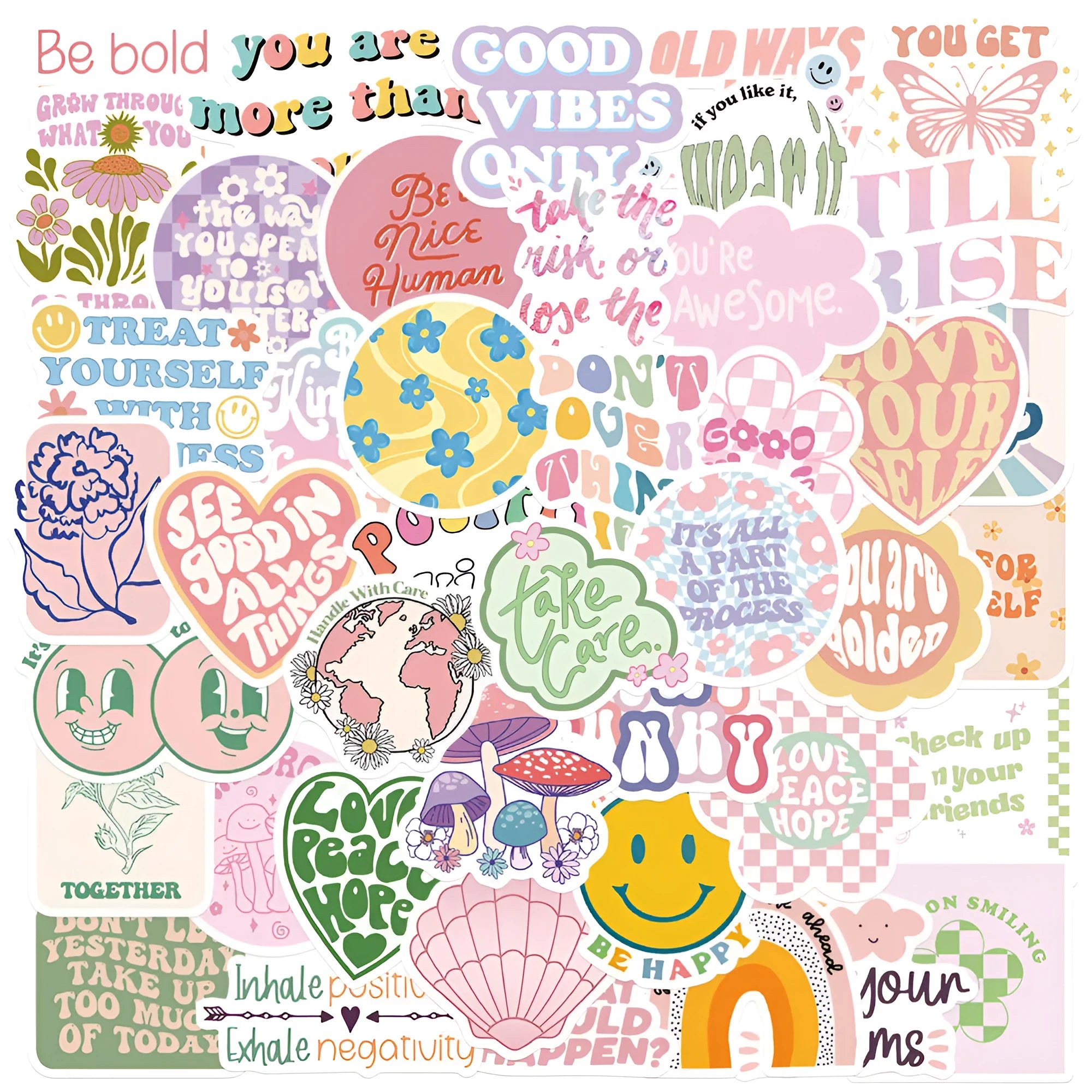 Self-adhesive motivational statement stickers in Danish pink graffiti colour with cartoon patterns, 4-6cm, pack of 50.