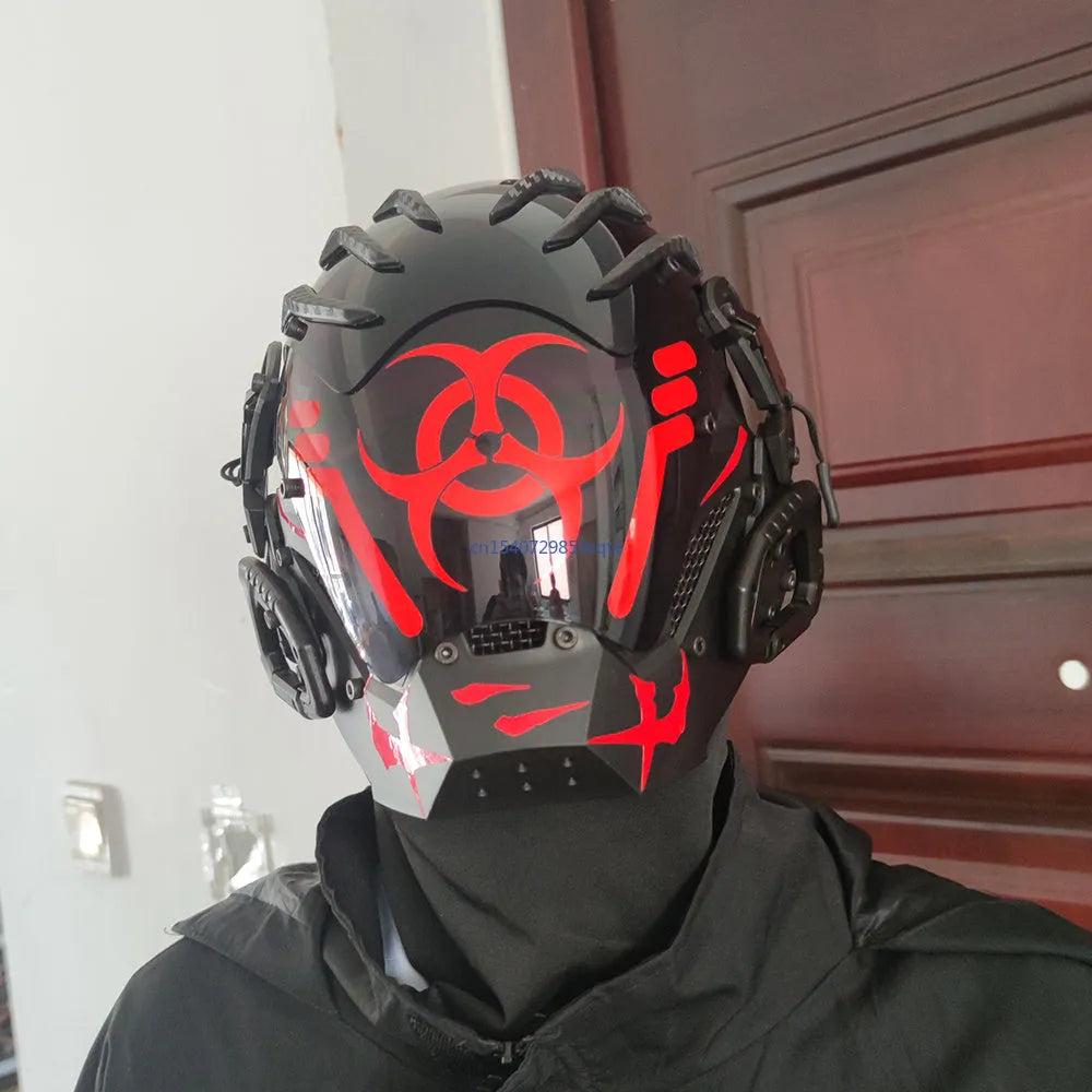 Black full face cyborg helmet mask with bioweapon styling for costumes