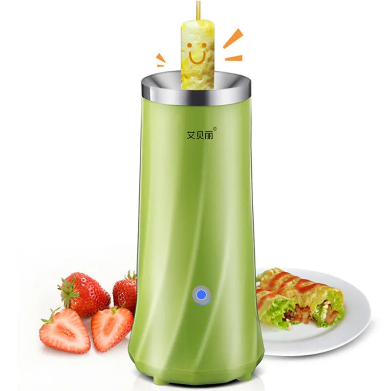 Beige white and green coloured multifunctional mini breakfast machine on a kitchen countertop.