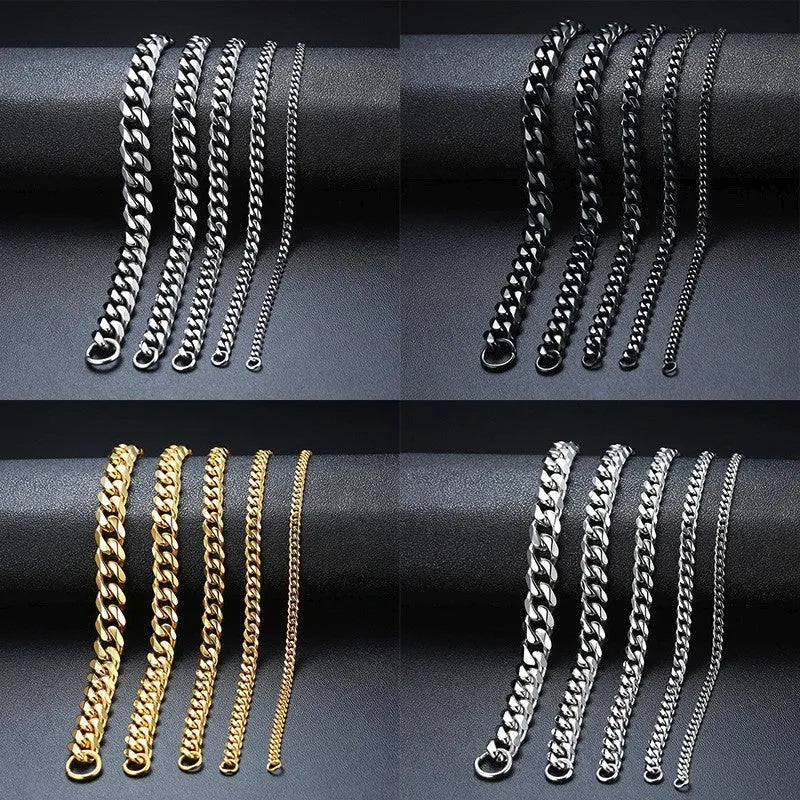 Gold six-sided Cuban link metal bracelet shown in various widths and colour options.