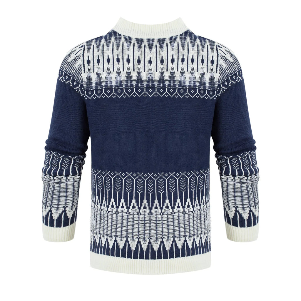 Men's knitted long-sleeve pullover sweater shown in multiple sizes and style variations.