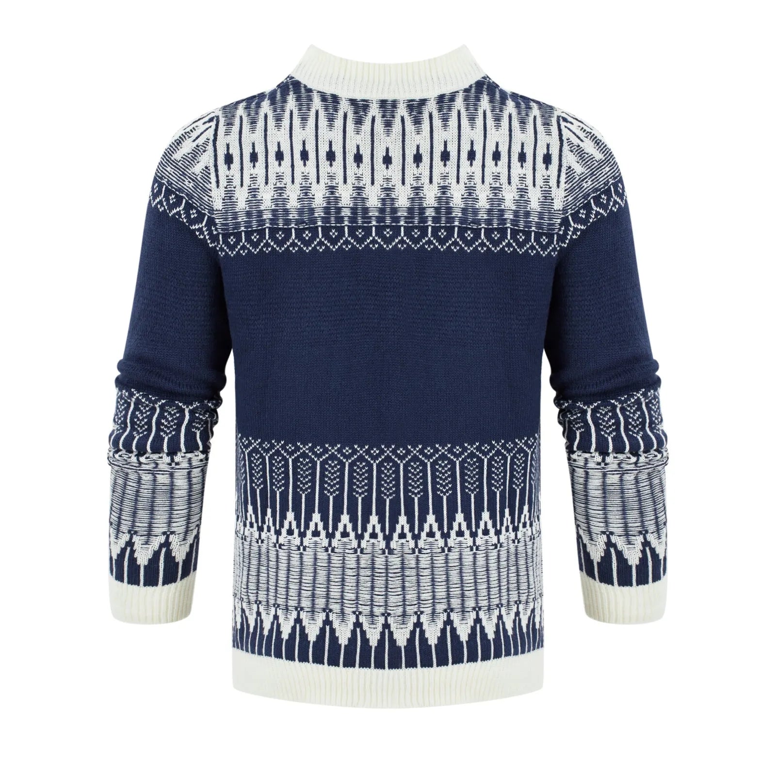 Men's knitted long-sleeve pullover sweater shown in multiple sizes and style variations.