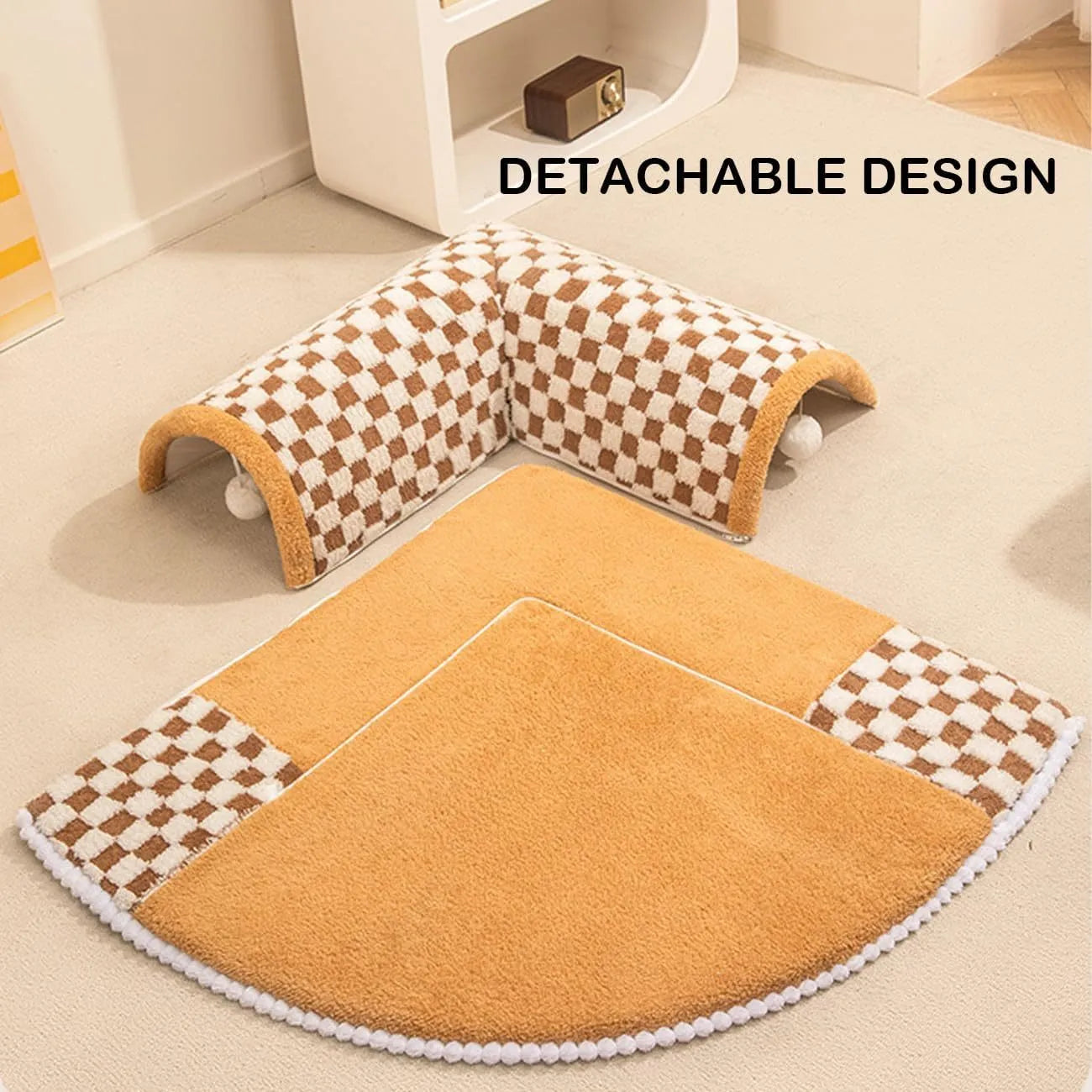 Fan-shaped plaid pet bed tunnel for dogs and cats showing sleeping mat and fabric tunnel