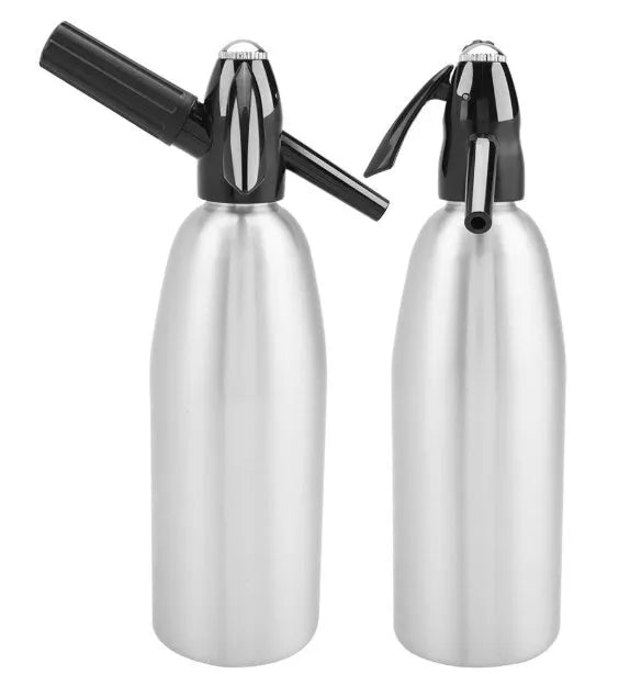 Silver portable 1L aluminium soda maker with pressure regulator and safe cover on table