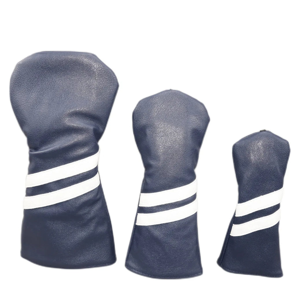 A striped PU leather golf club head cover for wood clubs, shown in blue, with size and colour options.