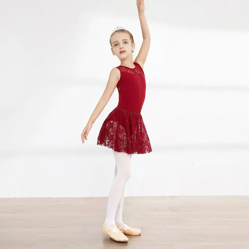 Girls short-sleeve ballet practice dress in Lycra cotton with lace and mesh trim, princess style, available in black