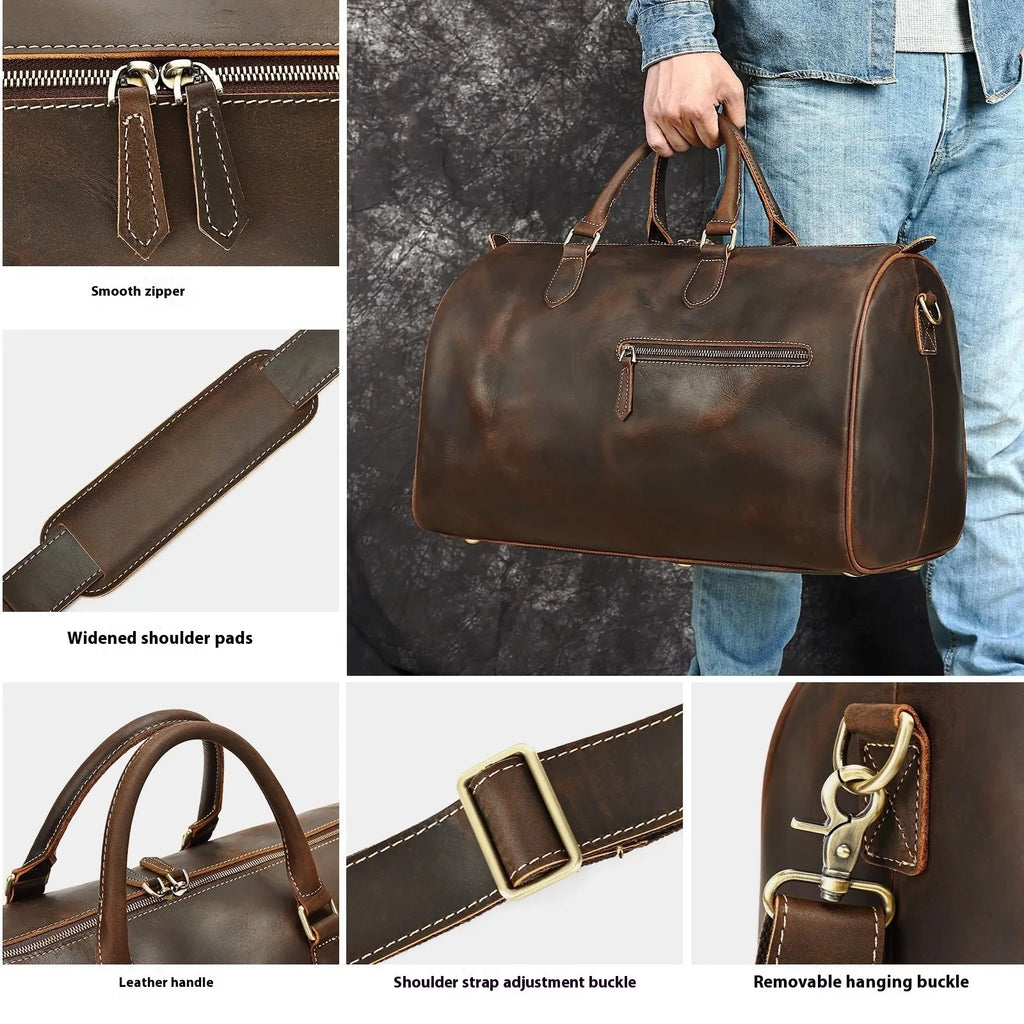 Men's vintage brown leather large crossbody bag with polyester cotton lining.