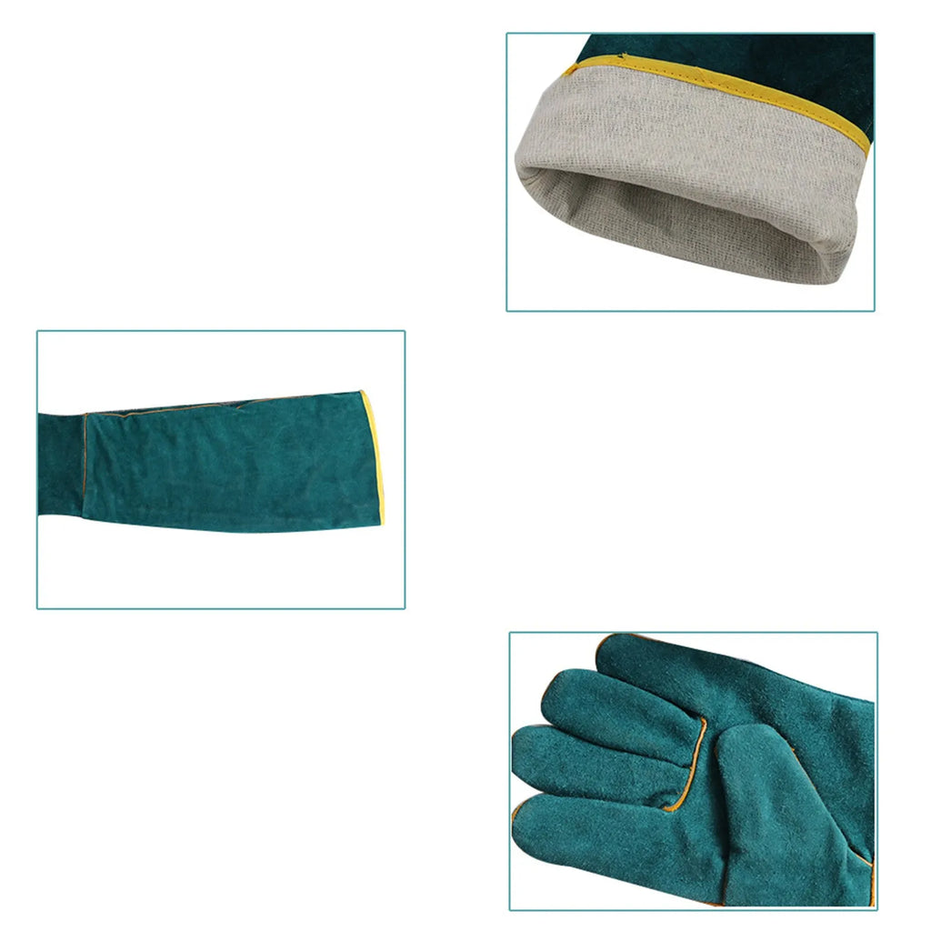 A pair of dark green, long-cuff leather animal handling gloves with a cotton lining for bite and scratch protection.