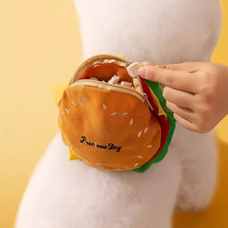 Adjustable pet vest leash with cartoon hamburger design, shown on a dog.