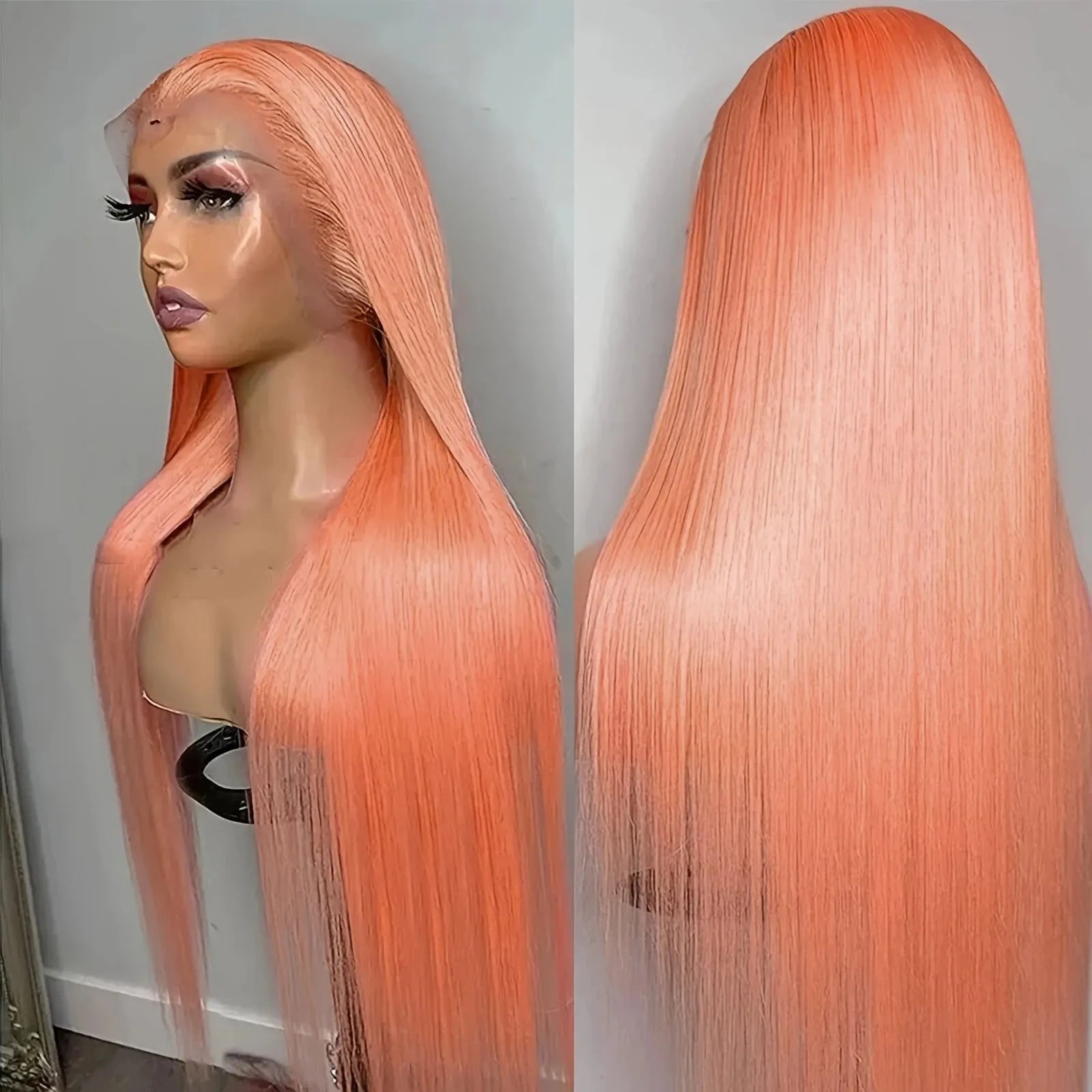 Light orange long straight lace front synthetic wig with side bangs on a mannequin head