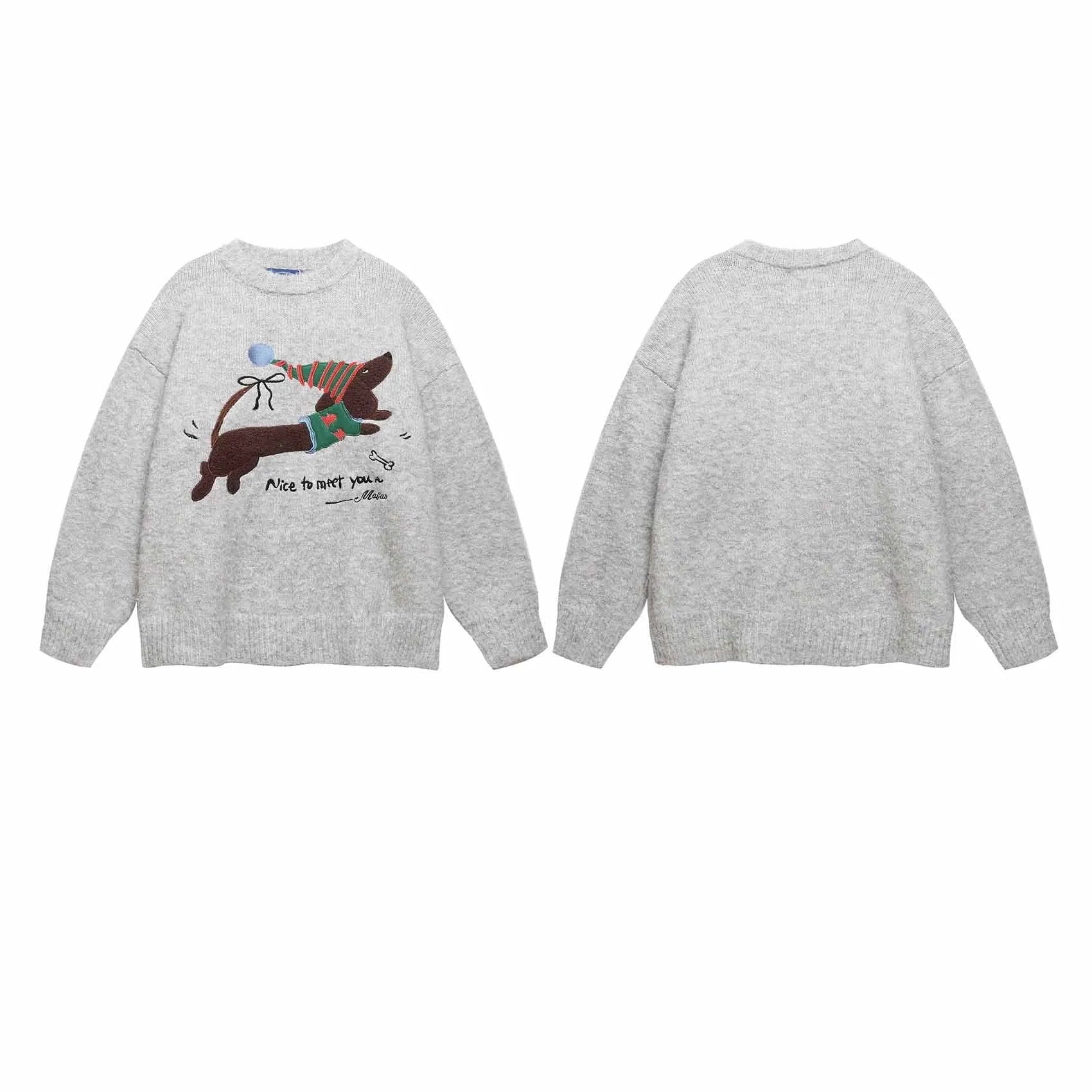 American retro Christmas hat puppy embroidery casual round neck sweater in Gray for teenagers