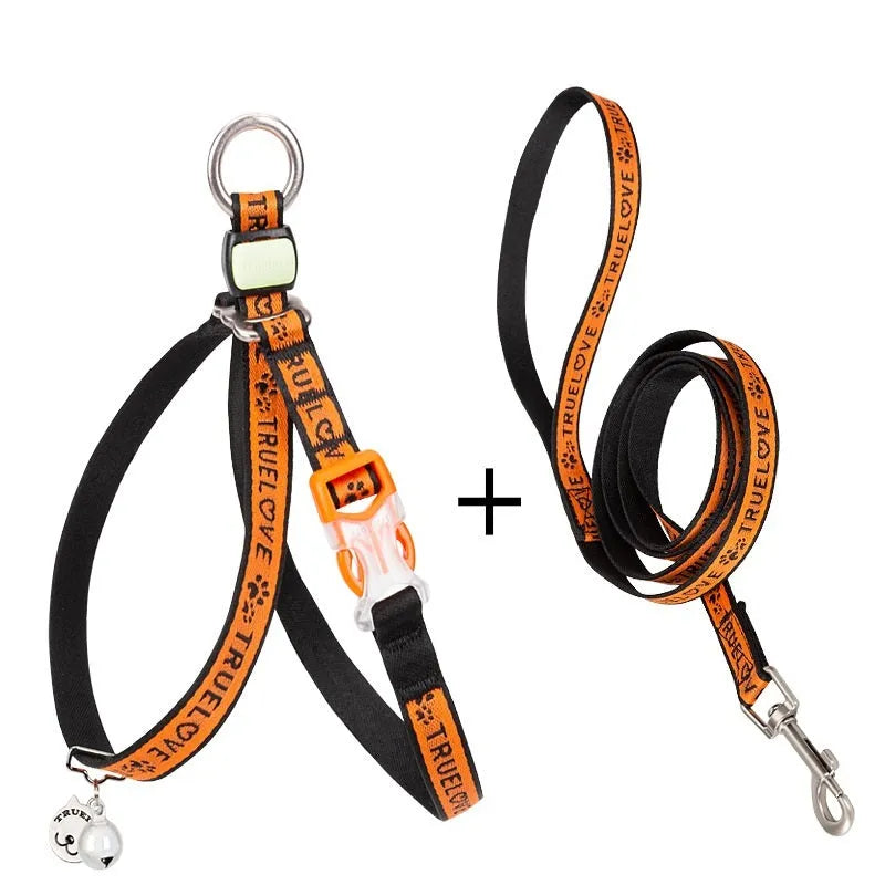 Pet cat bell chest strap harness with lead in blue, polyester jacquard mesh, adjustable size for small dogs