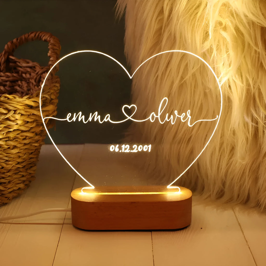 Custom transparent acrylic night light with names and dates, 20cm by 11.5cm modern art bedside lamp