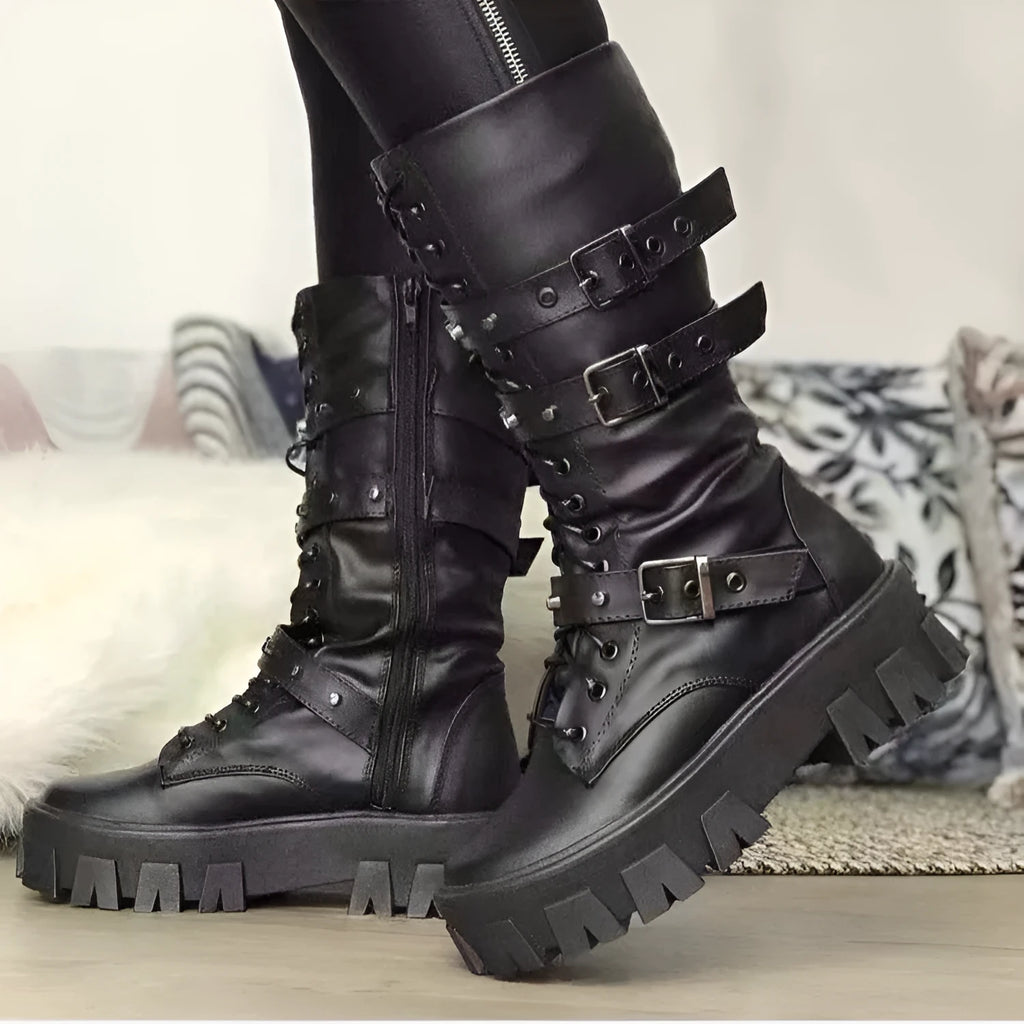 Women's punk mid boots in white with buckle, lace-up front, side zip, round toe, and artificial PU upper