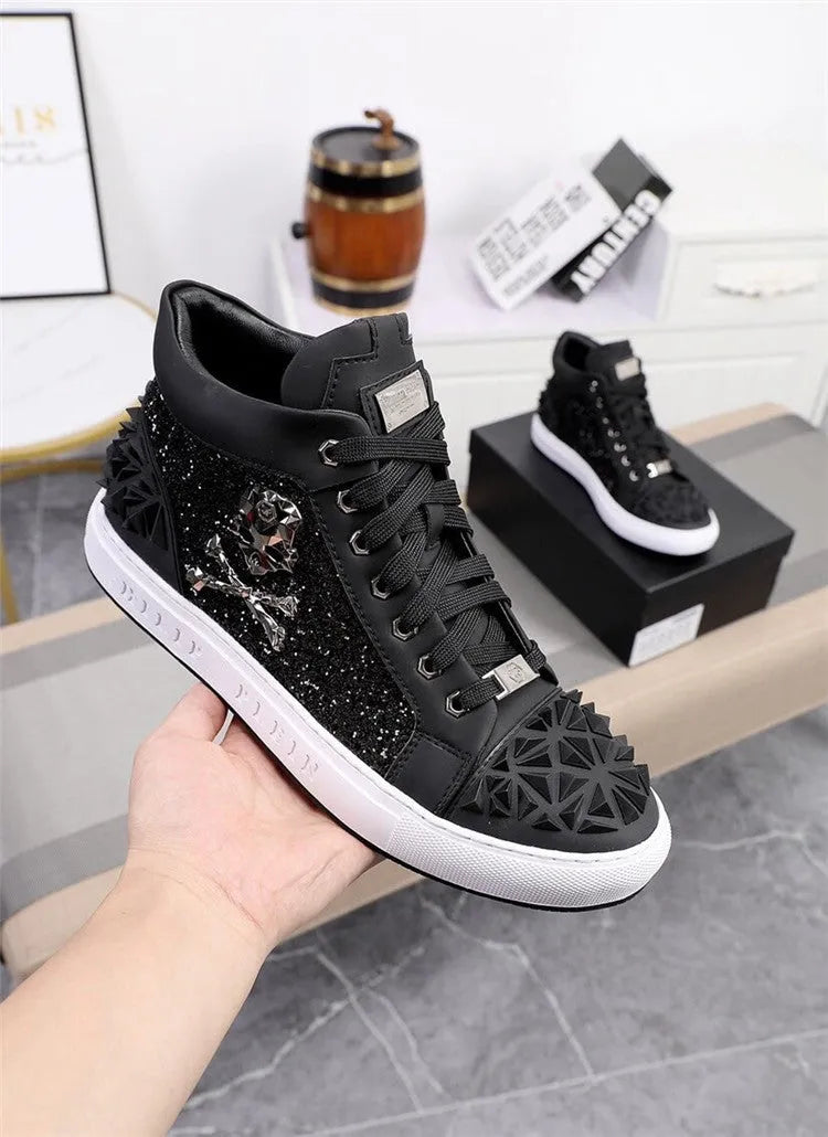 Men's genuine leather skeleton shoes in black high top design with lace-up closure