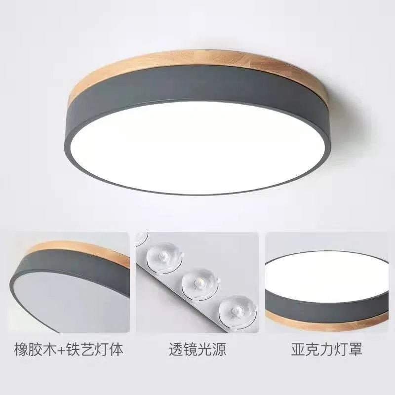 Round Nordic macaron ceiling light with wooden base, 60cm diameter, in multiple colour options