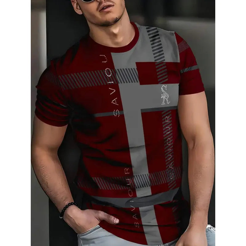 Men's loose fit short-sleeved T-shirt with digital 3D printed stripes pattern