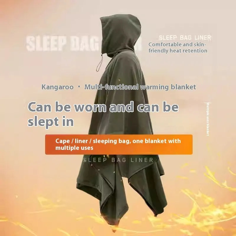 Green multifunctional fleece thermal blanket camping sleeping bag wearable cloak for 1 person