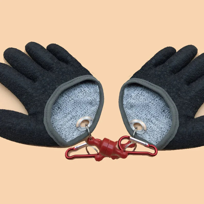 Fish catching gloves in black cut-resistant material for anglers, size M L XL options