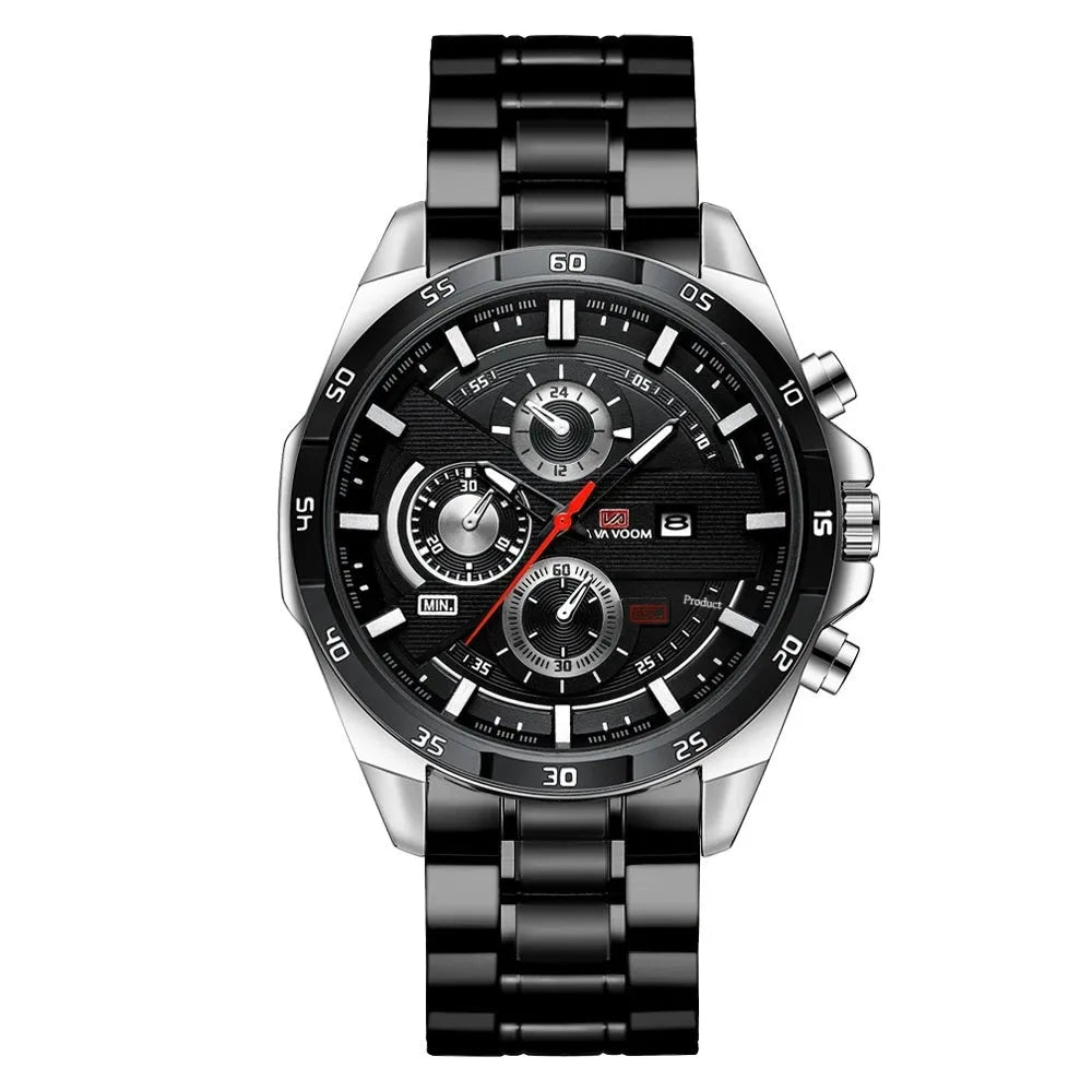 Men's casual quartz watch with leather strap and metal case in various colour combinations
