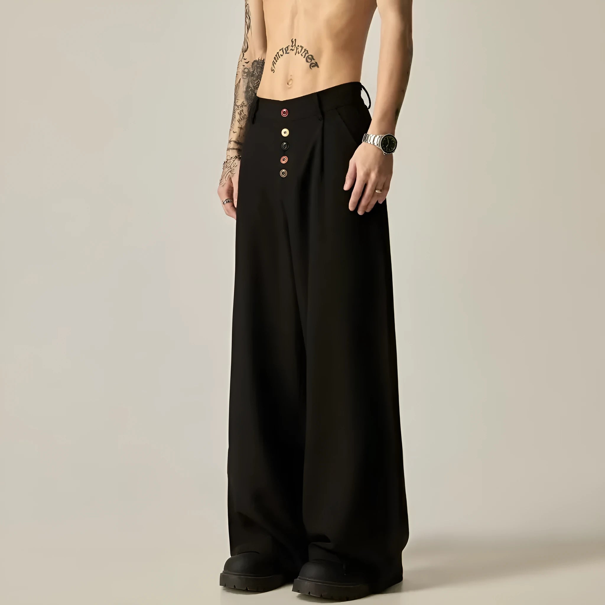 Men's black wide-leg casual trousers with straight-leg design and micro-elastic waist