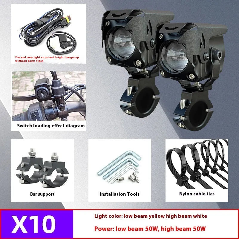 LED motorcycle spotlights with wireless remote control and mounting brackets