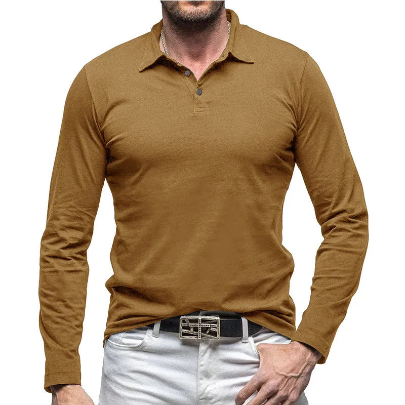 Men's dark grey cotton polo collar long sleeve T-shirt laid flat, American retro style.