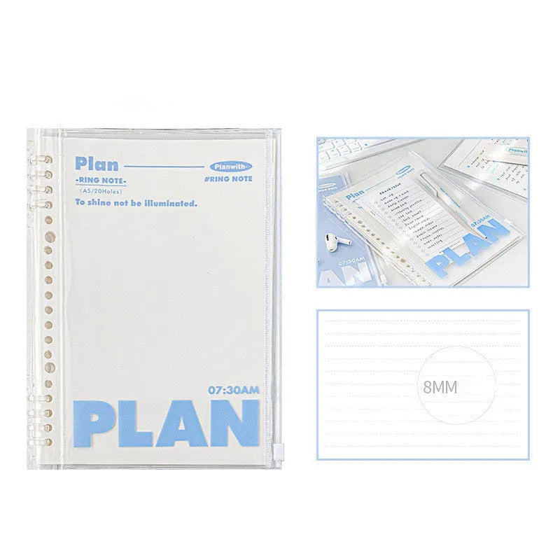 A5 PVC spiral bound notebook in blue colour showing loose binding mechanism