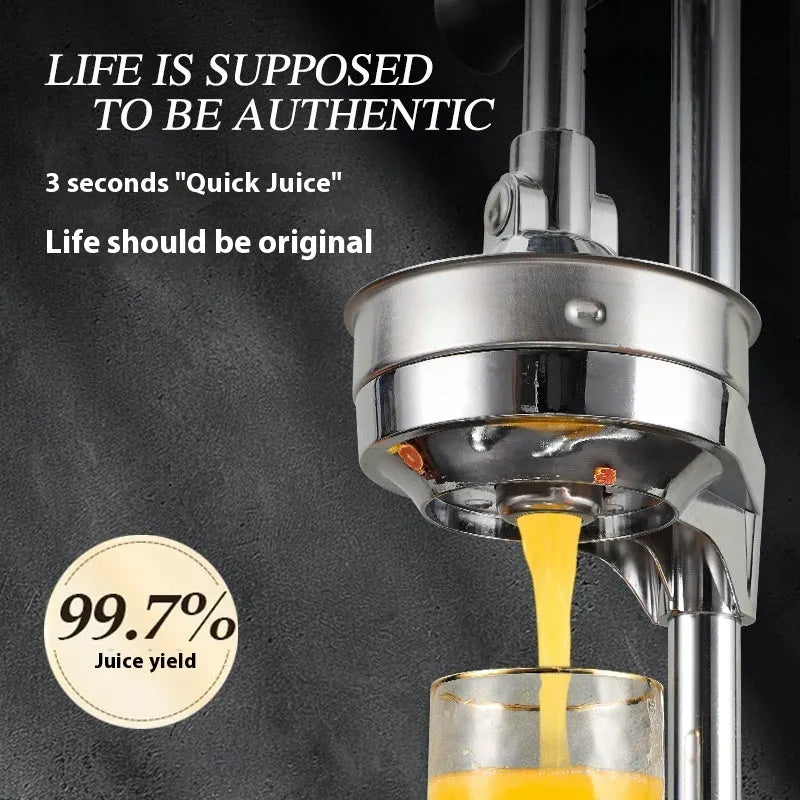 Vertical stainless steel manual juicer showing colour options and tip style variations