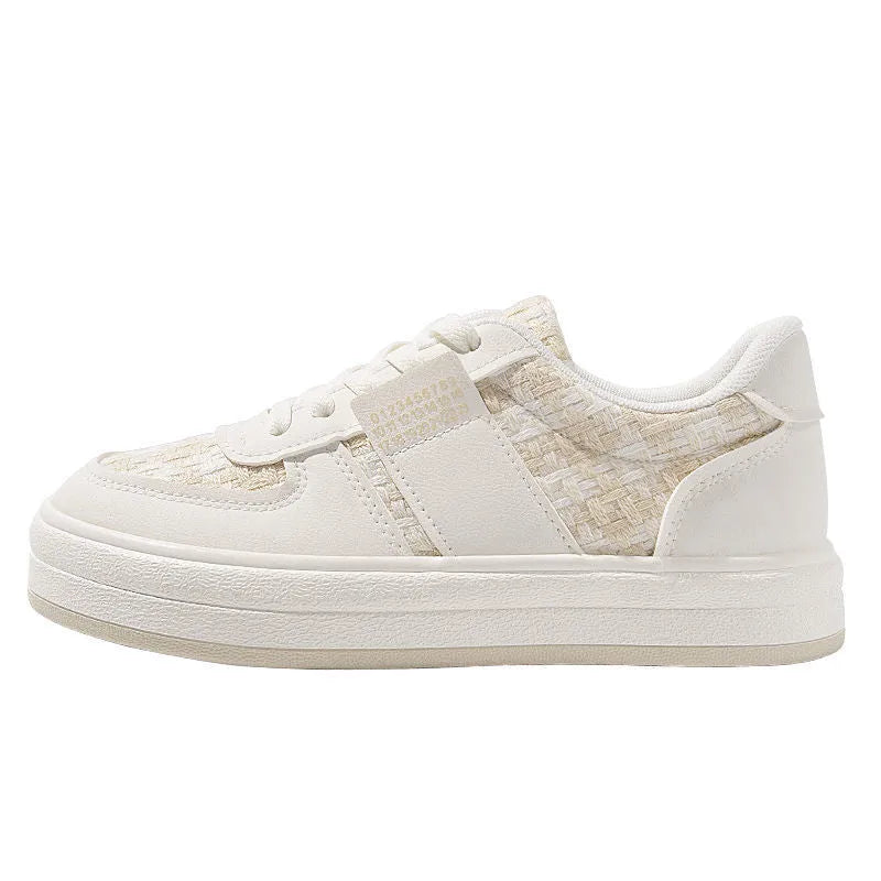 Beige plaid platform leisure sports board shoes with microfiber upper and rubber sole