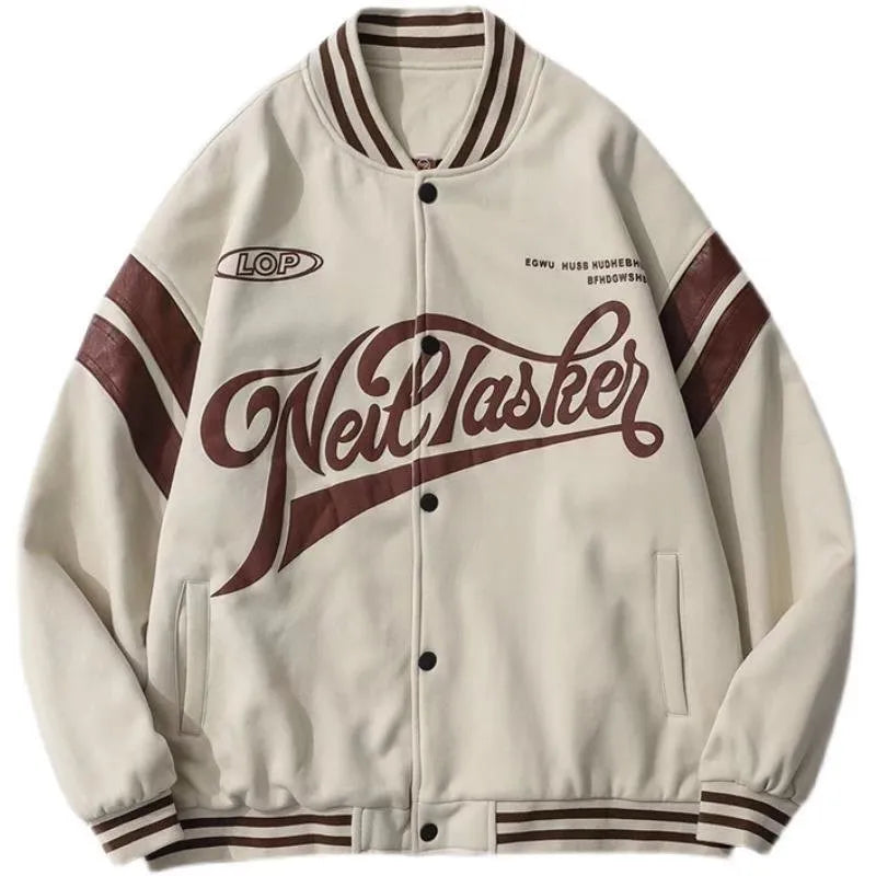 Men and women loose fit baseball style jacket with stand-up collar and colour block detailing in khaki