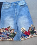 Blue men's tapered cotton shorts with a Jesus print on the back pocket.