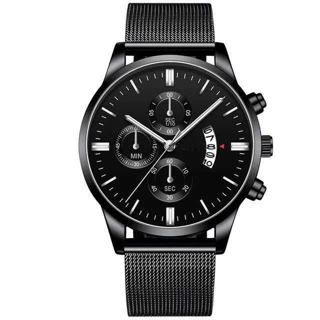 Men's stainless steel mesh band quartz watch showing analogue dial and choice of colour finishes.