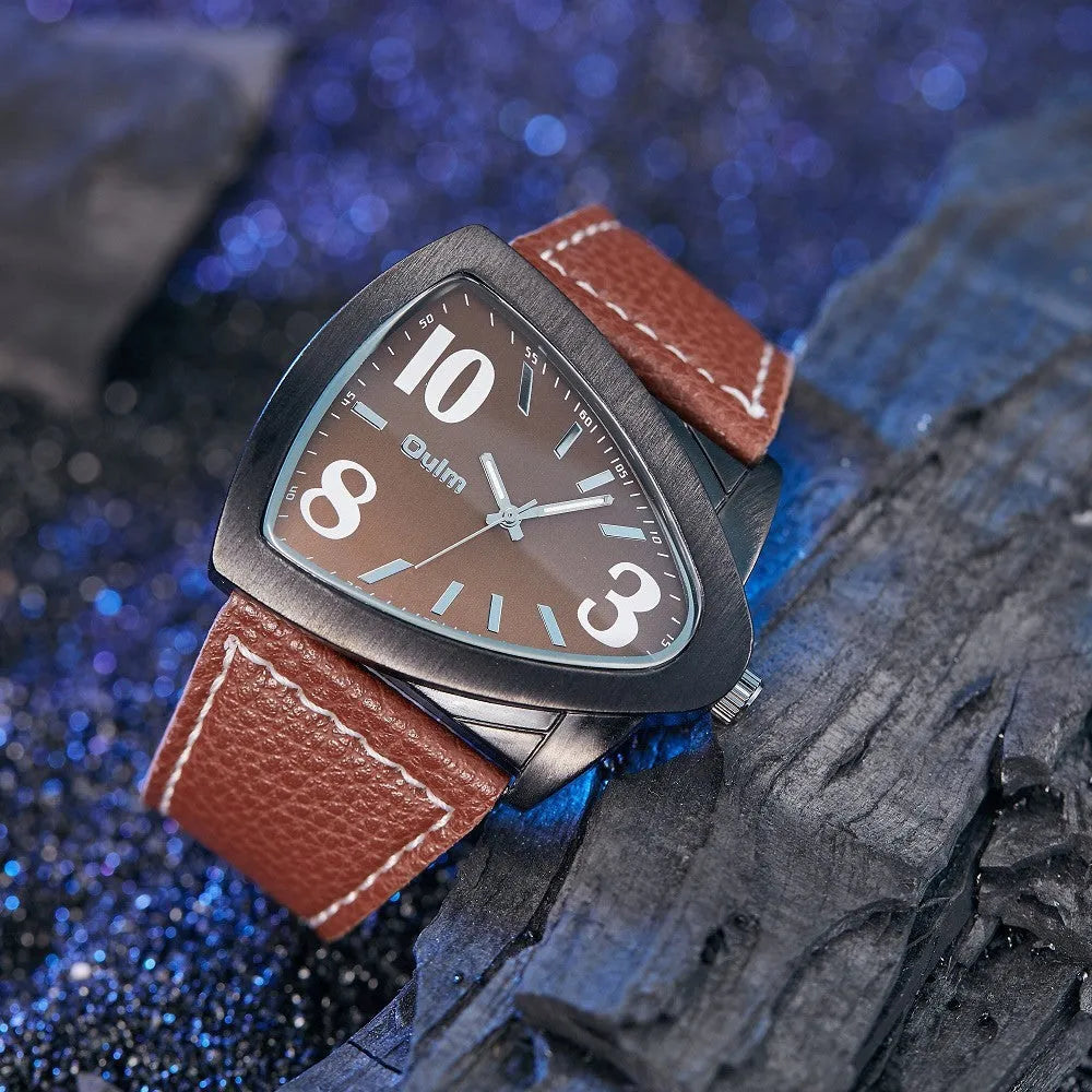 Men's brown, black and blue casual triangle belt quartz watch with 9mm thickness