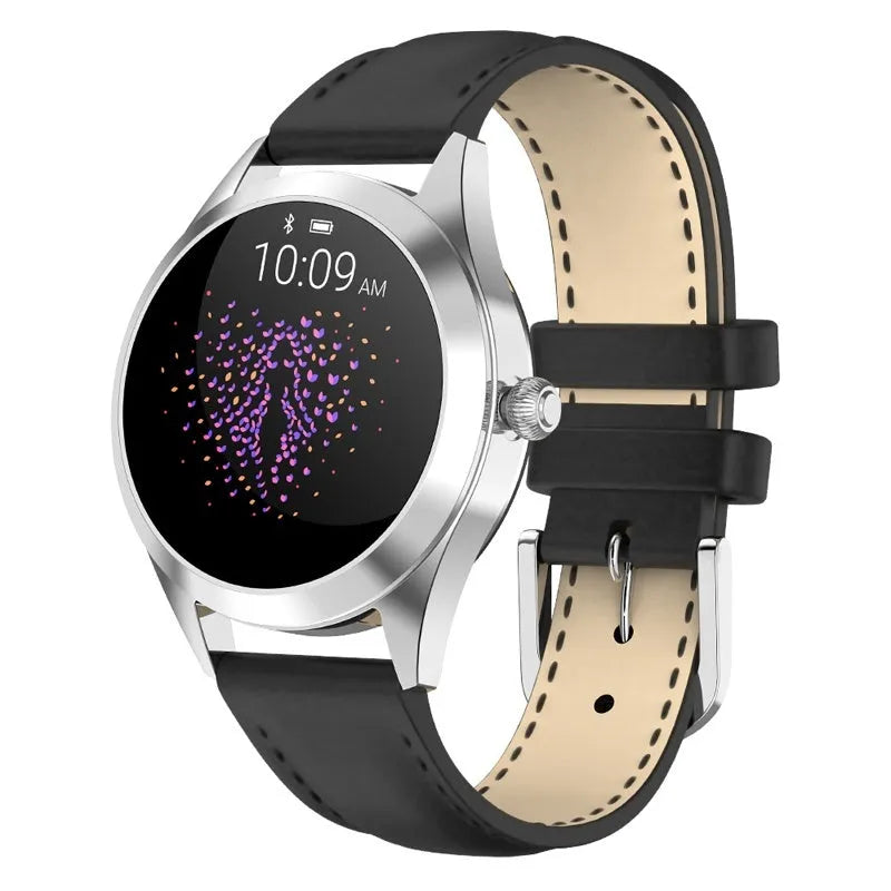Women's sports smartwatch in black, rose gold, silver, or white with heart rate monitoring display
