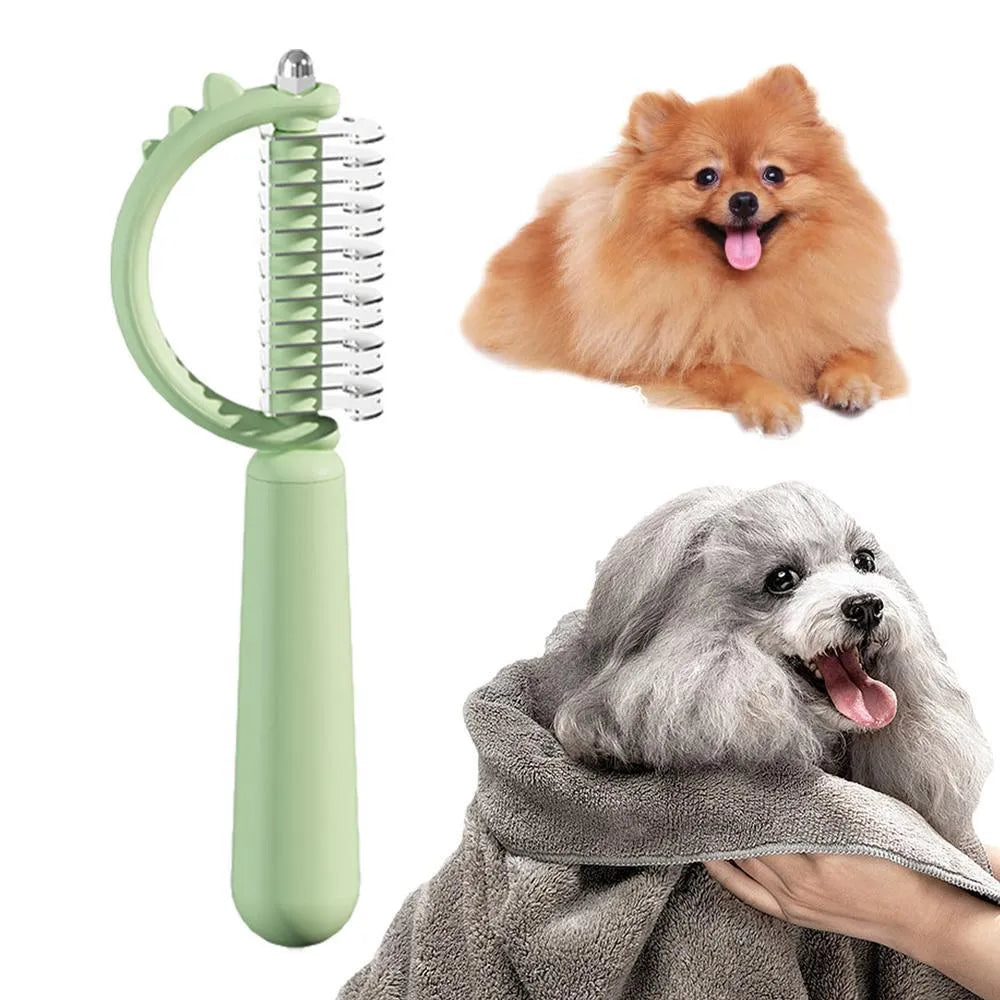 Blue dinosaur-shaped cat brush with double-sided head and self-cleaning button