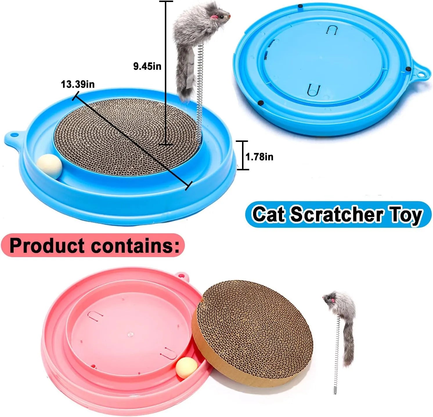 Blue interactive cat scratcher with ball track and replaceable scratching pad on 40cm diameter base