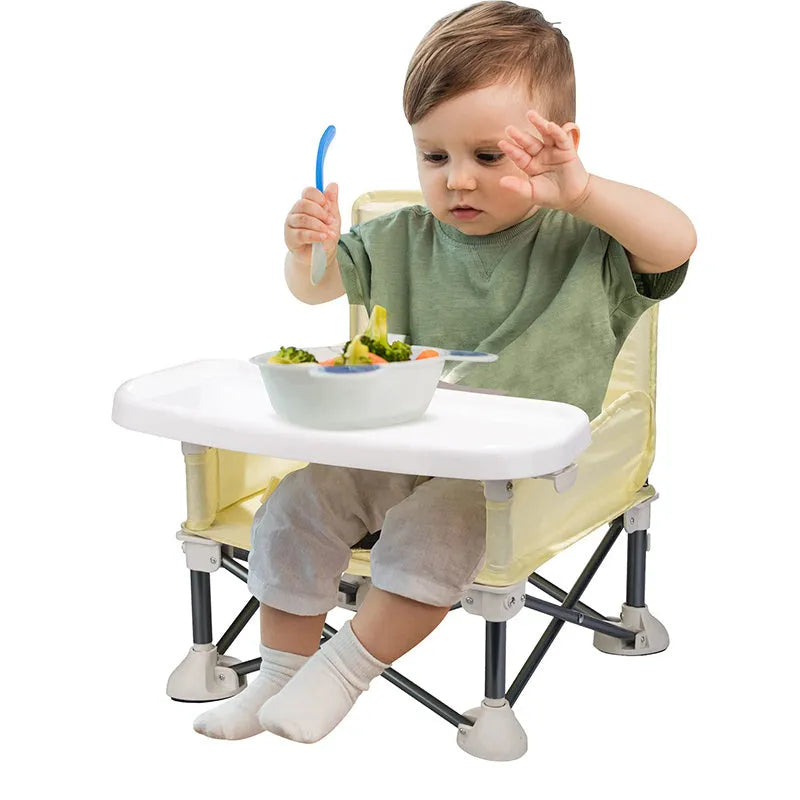 Foldable baby dining chair with metal frame, removable tray, and safety belt in grey