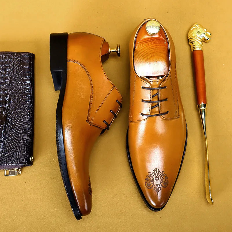 Men's cowhide leather pointed carved formal shoes in black, brown, or wine red with rubber sole