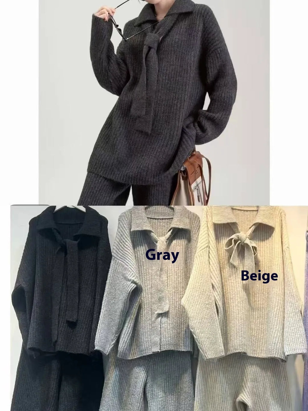 Beige sweater suit two-piece set with a knitted top and casual trousers on a hanger.