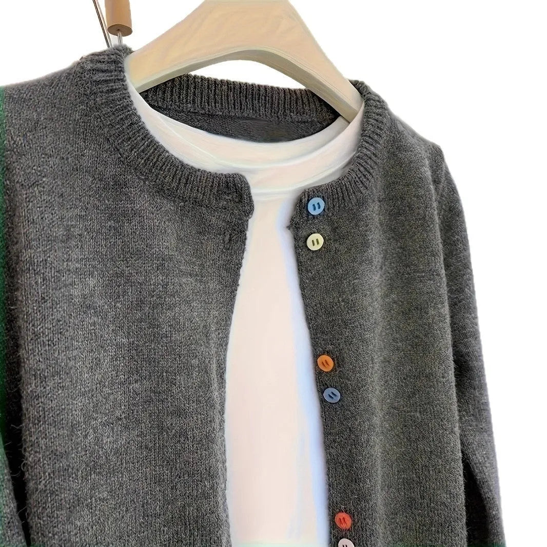 Dark grey women's button-front cardigan sweater with long sleeves.