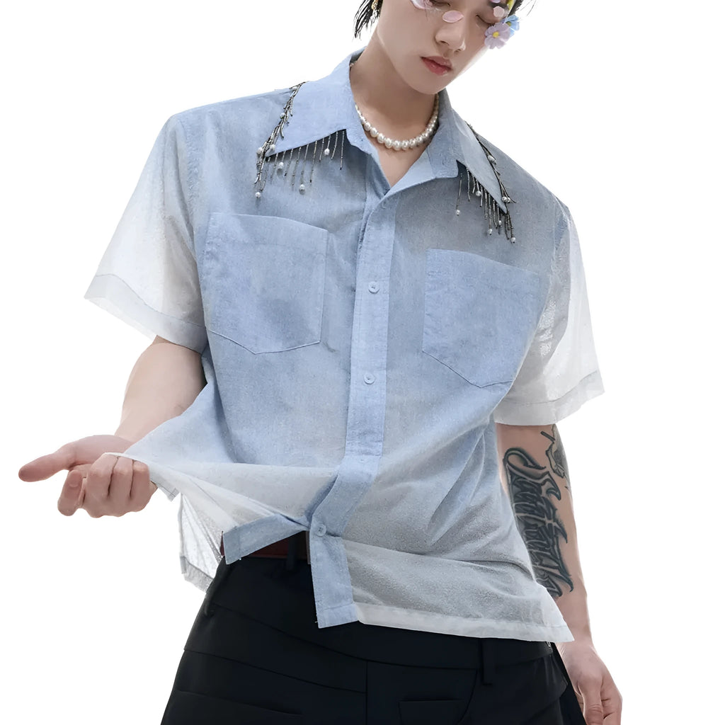 Men's blue and white gradient quilted pattern short sleeve casual shirt with loose fit